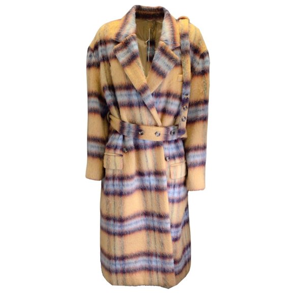 ROKH MUSTARD YELLOW / BLUE MULTI PLAID PATTERN WOOL TRENCH COAT